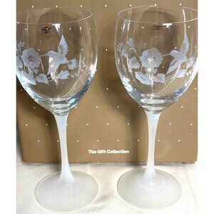 Etched Floral Hummingbird Crystal Goblets France Frosted Stem Elegant Water Wine